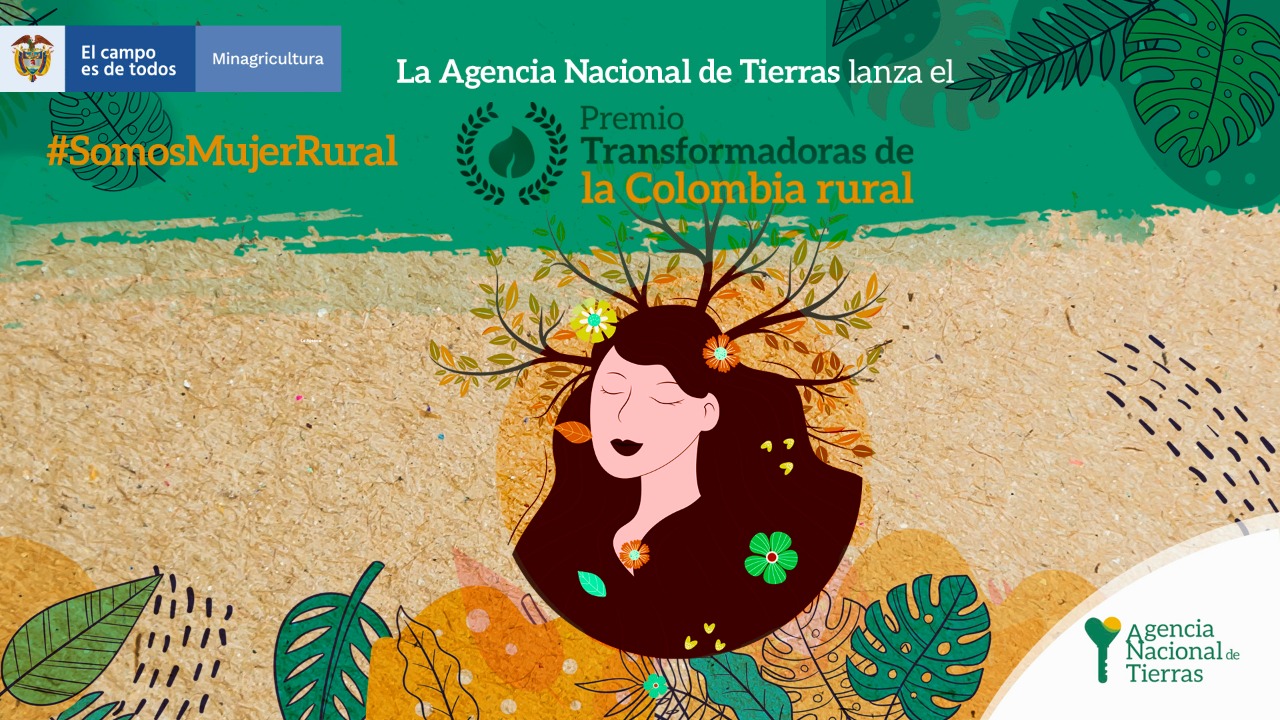 Diseño de pieza gráfica para comunicar el Premio Transformadoras de la Colombia Rural. En ella se evidencia el logo del Gobierno Nacional, #SomosMujerRural, logo de la ANT, el dibujo del rostro de una mujer con sus ojos cerrados y sobre su cabeza ramas de arboles. 