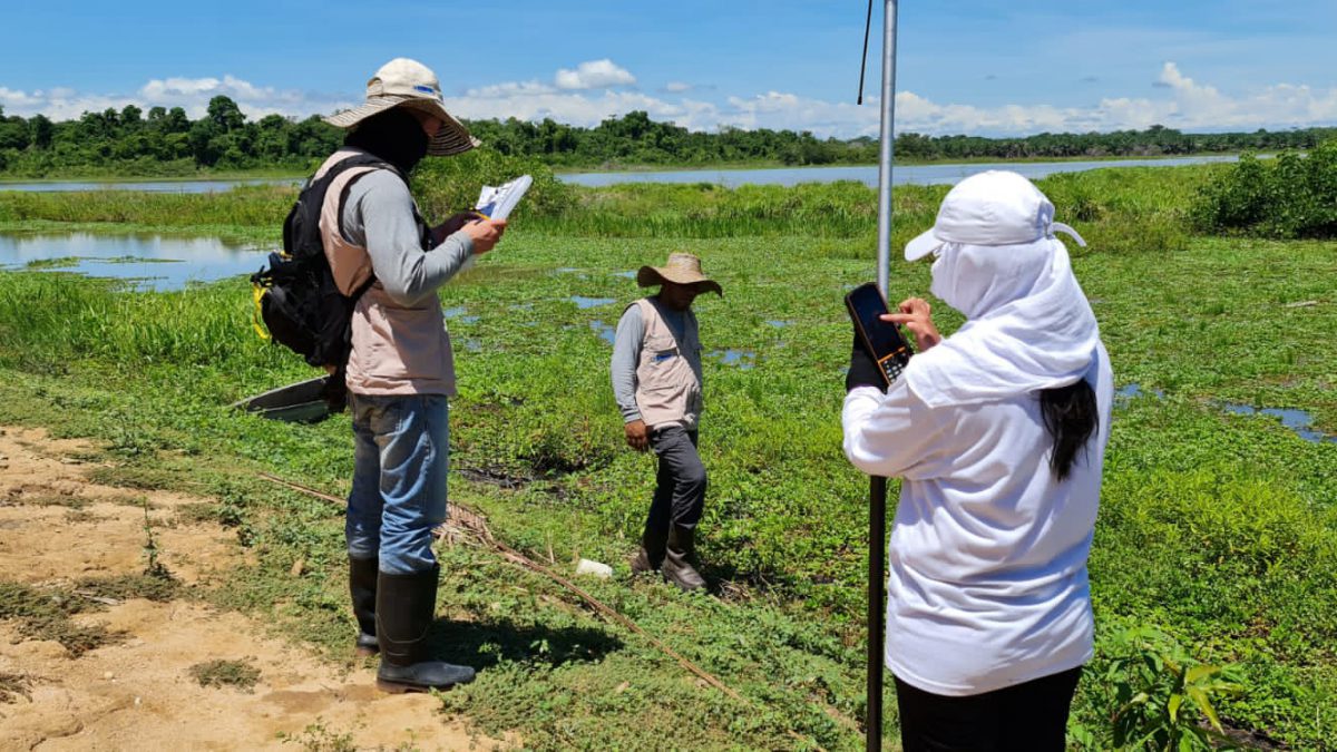 Personas estudiando un terreno de zona verde en la ciénaga el Garzal.