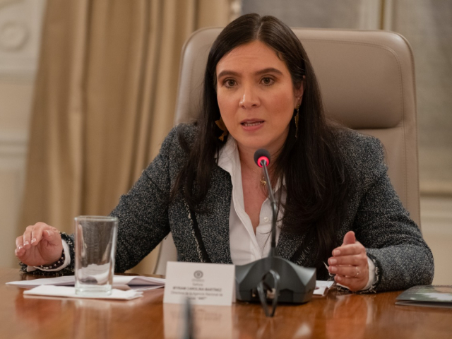 La Directora de la ANT, Myriam Martínez Cárdenas,  aparece sola  de medio cuerpo sentada, hablando sobre un micrófono. Sobre la mesa un vaso con agua..