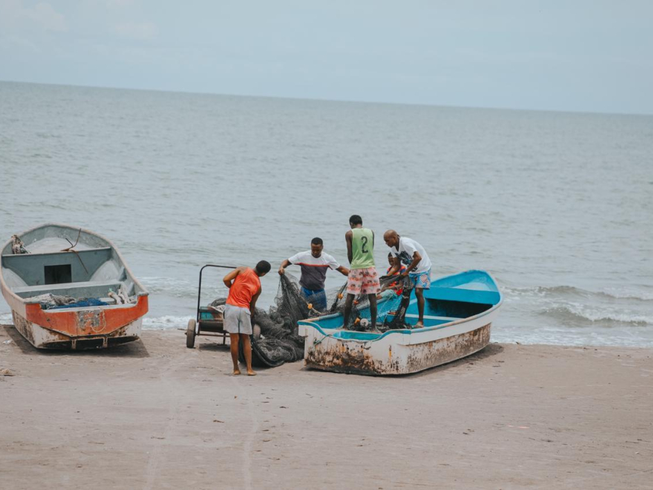 Aparecen tres lanchas a la orilla del mar, sobre dos de ellas cinco hombres afrodescendientes desenredando una mantarraya y de fondo el mar del océano pacífico.