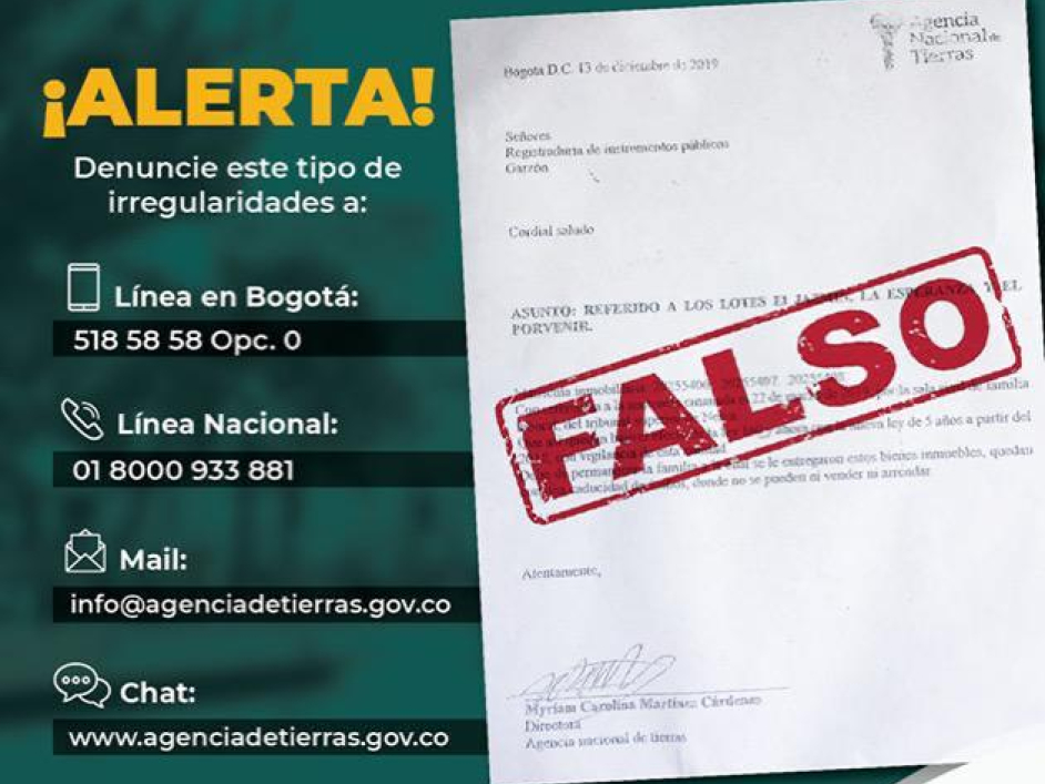 Anuncio de alerta en donde se informa de falsos tramitadores e informa sobre los medios habilitados por la agencia para cualquier gestión y de forma gratuita como: línea telefónica en Bogotá, línea nacional, correo electrónico y el chat.