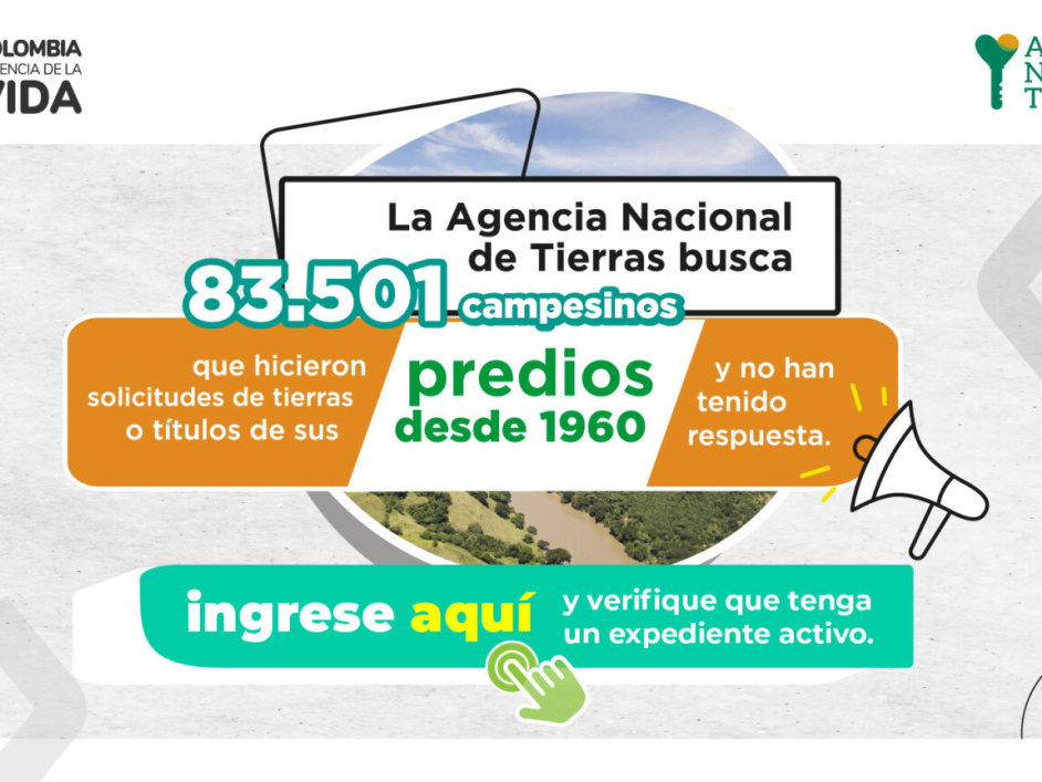 Infografía que anuncia que la ANT busca 83.501 campesinos que hayan hecho solicitudes de tierras y no han tenido respuesta.